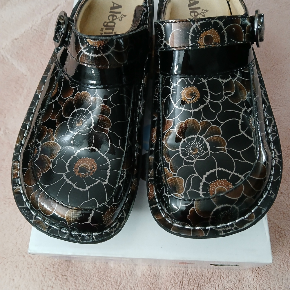 Alegria Black and Bronze Floral Patent Mary Jane Clogs